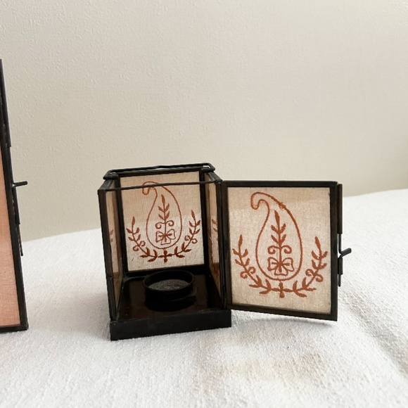 2 x Metal Glass Lantern Candle Holder Orange Embroidery boho dining decor fall - Picture 6 of 6